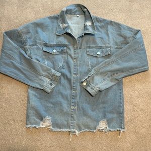 Distressed denim lightweight shacket